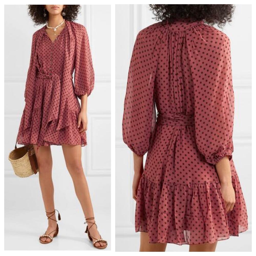 Zimmermann Polka Dot Bow Chiffon Mini Dress in Burgundy